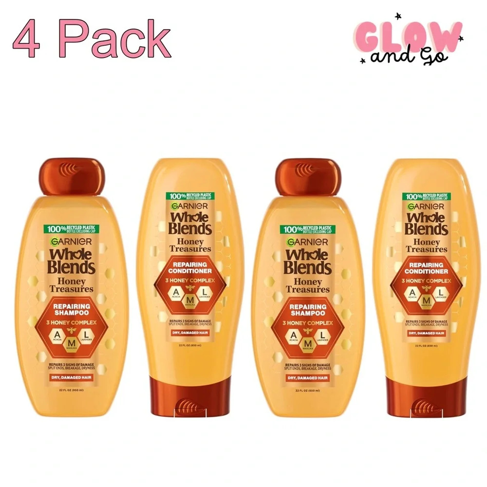 (4) Garnier Whole Blends Honey Treasures Repairing Shampoo and Conditioner 22 oz